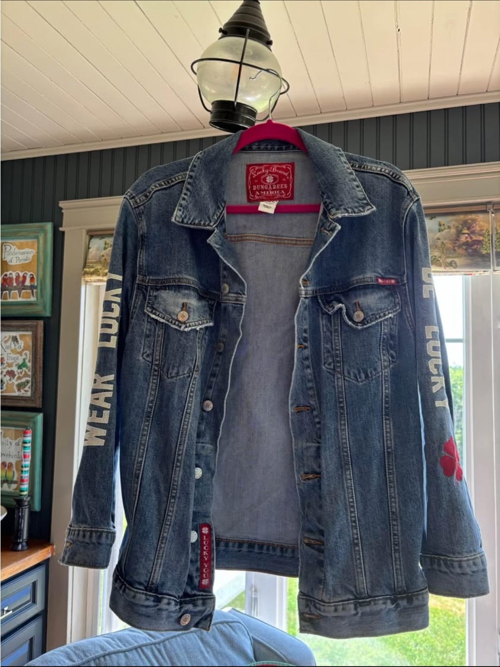 Lucky Brand Blue Denim Jacket with White Sleeve Lettering